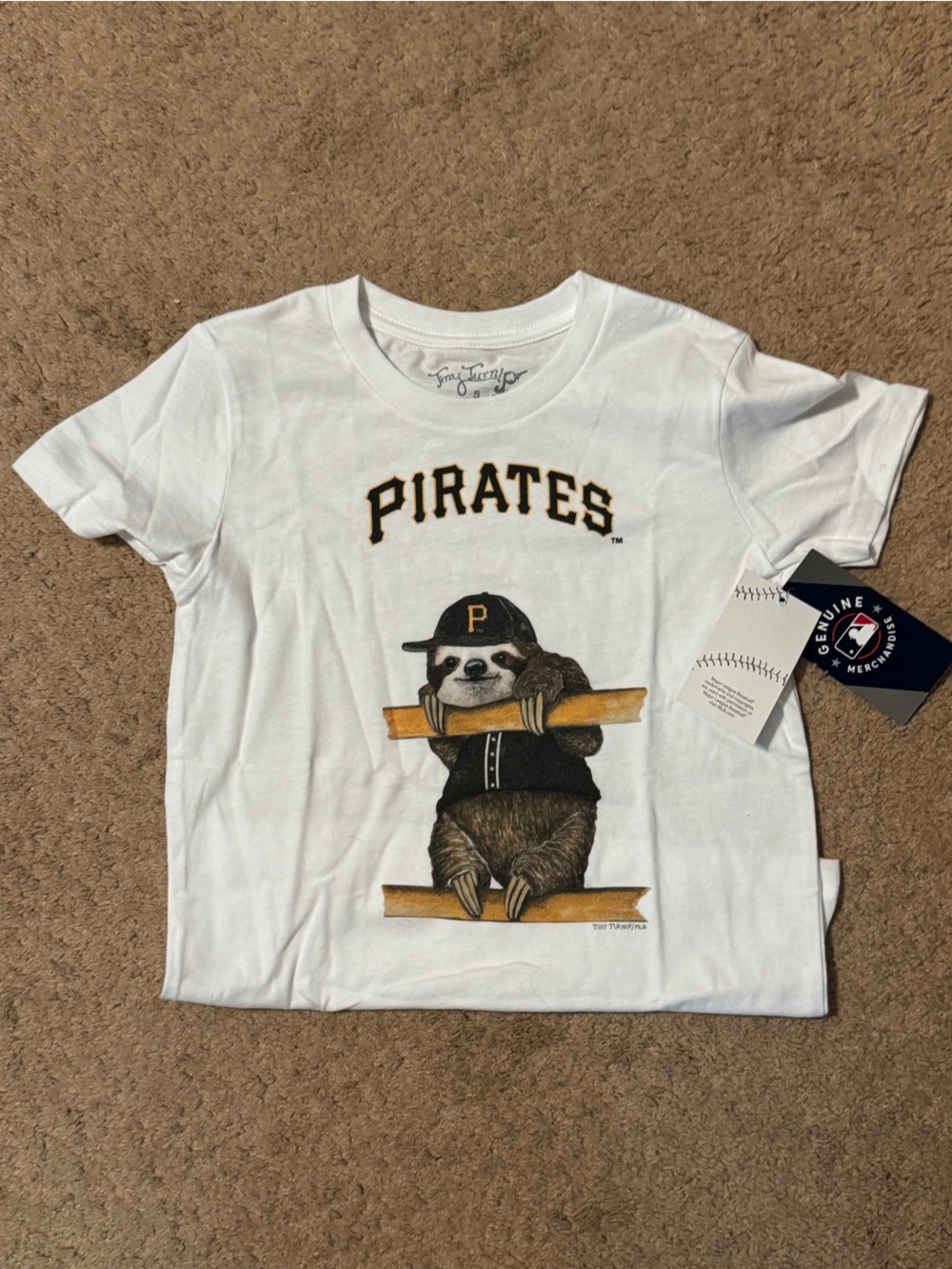 White Graphic Pirates baseball sloth Tee with Yellow/Black Accent